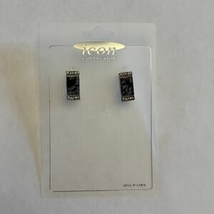 Icon Collection Silver Tone Rectangular Snowflake Obsidian Stud Earrings NWT